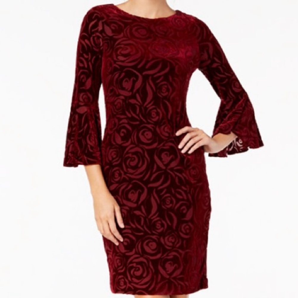 Velvet Burn Out Burgundy Dress Calvin Klein Sz 10 Bell Ruffle Sleeves